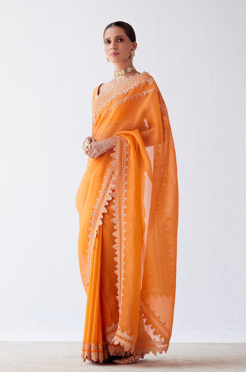 Orange Embroidered Georgette Organza Saree