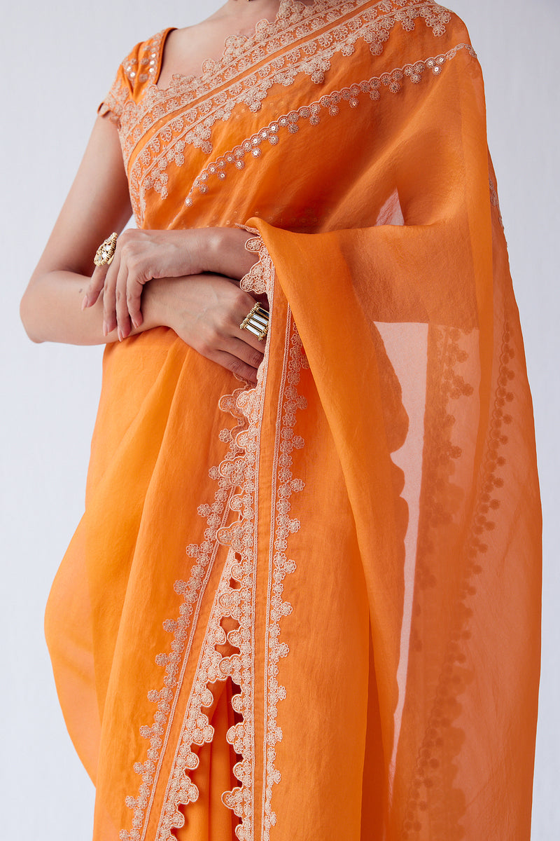 Orange Embroidered Georgette Organza Saree