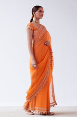 Orange Embroidered Georgette Organza Saree