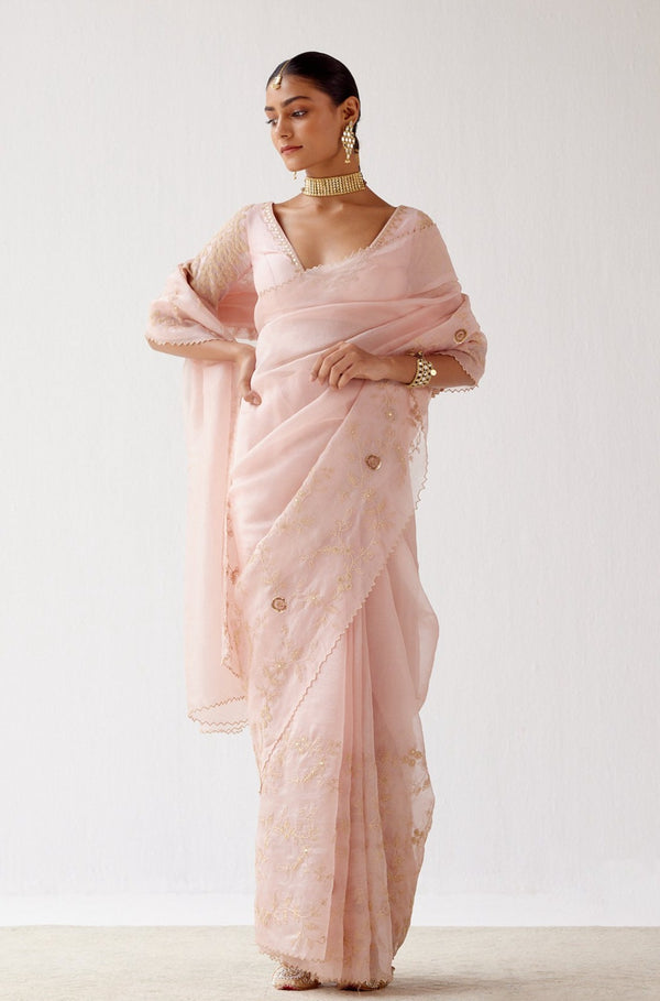 Baby Pink Embroidered Organza Saree