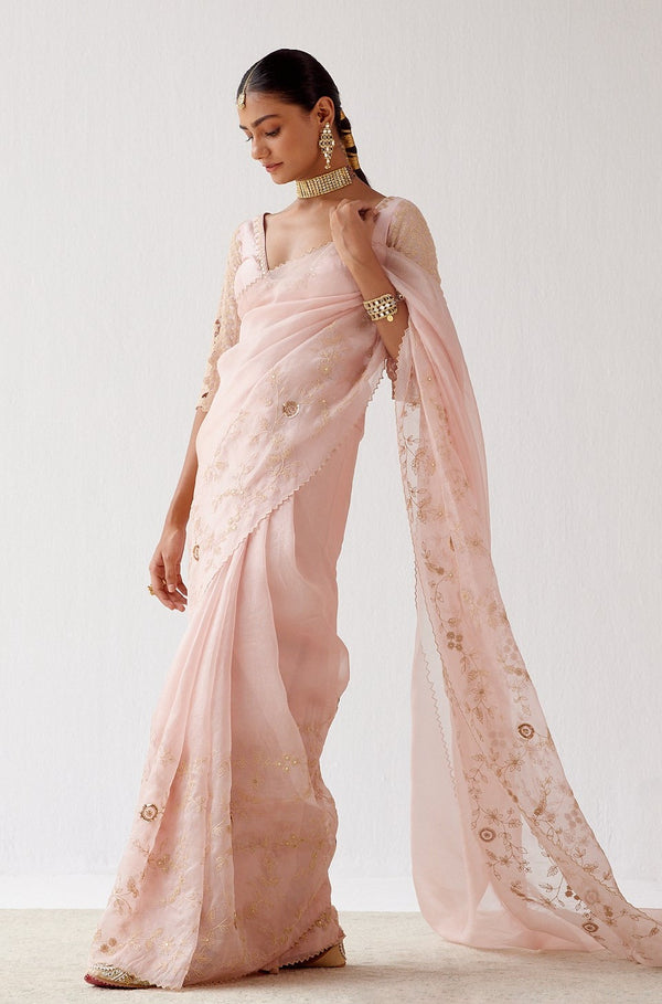 Baby Pink Embroidered Organza Saree