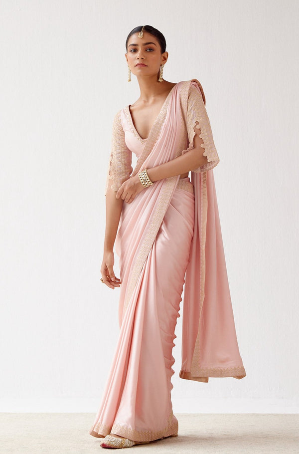 Blush Pink Embroidered Satin Saree