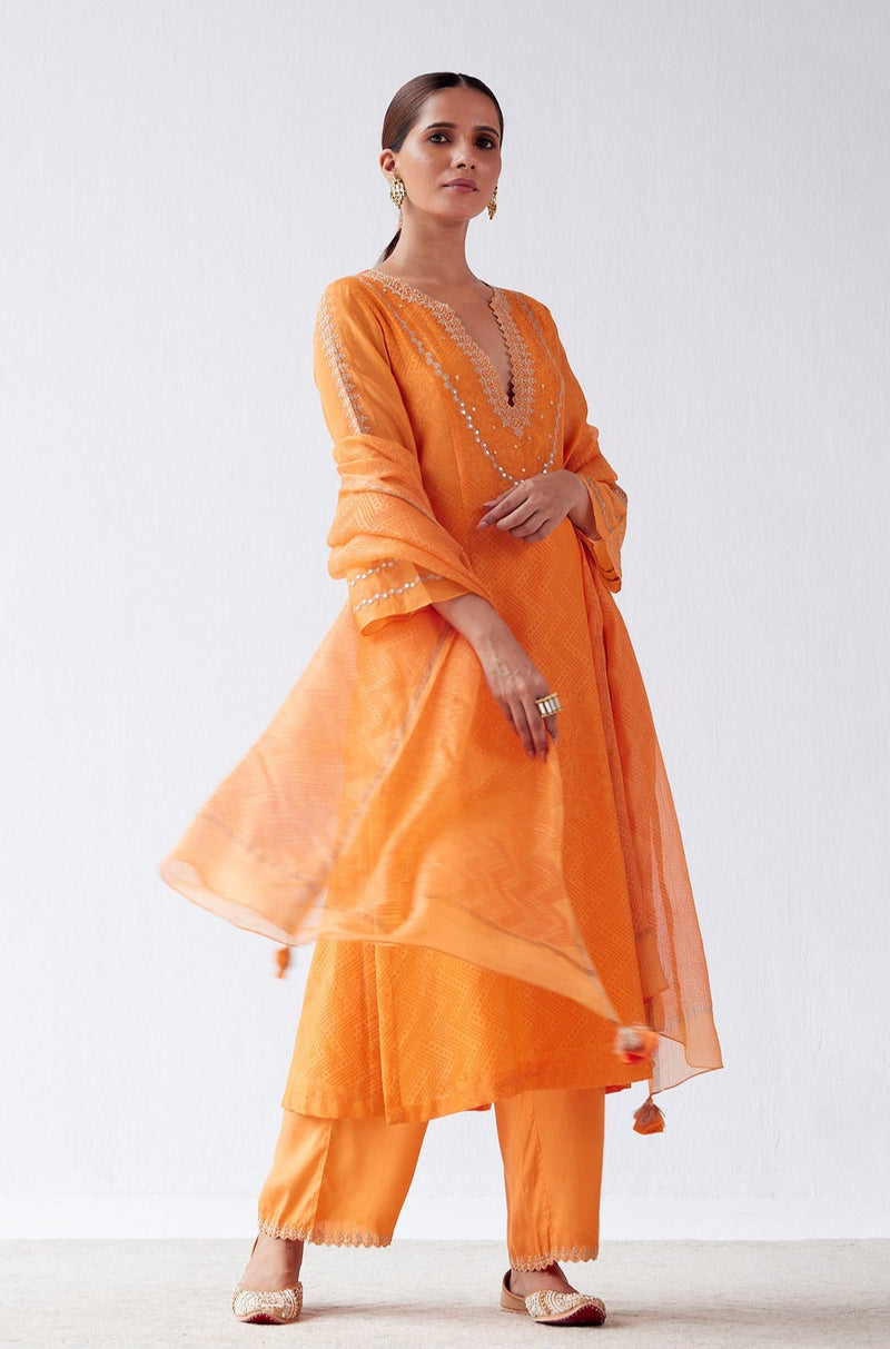 Pooja Hegde in Orange Block Print Embroidered Kurta Set