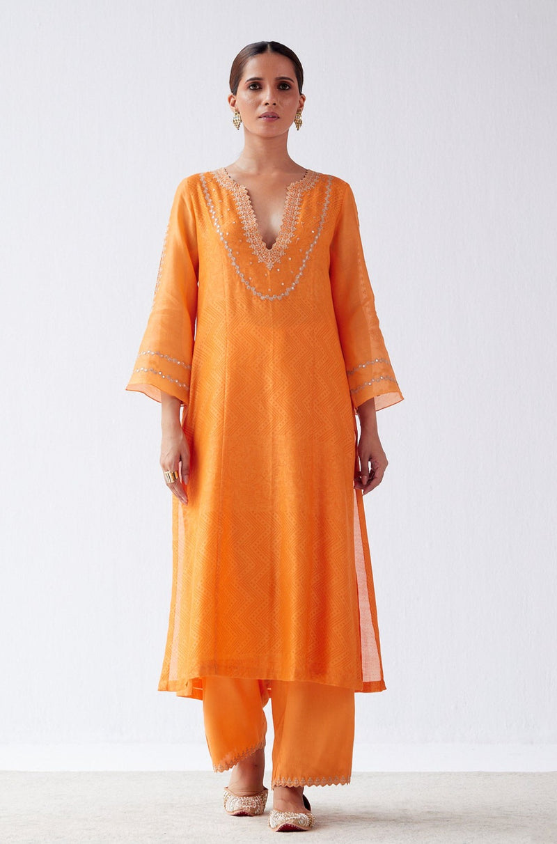 Orange Block Print Embroidered Kurta Set