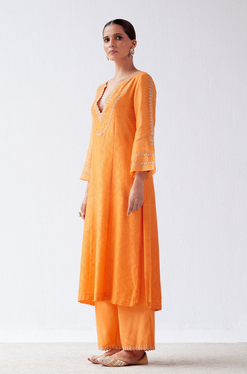 Pooja Hegde in Orange Block Print Embroidered Kurta Set