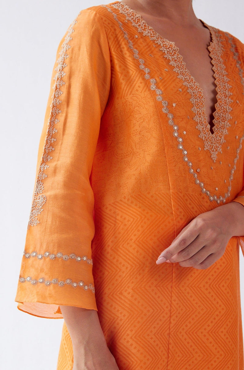 Pooja Hegde in Orange Block Print Embroidered Kurta Set