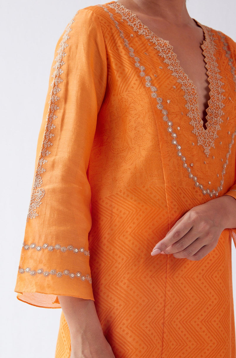 Orange Block Print Embroidered Kurta Set