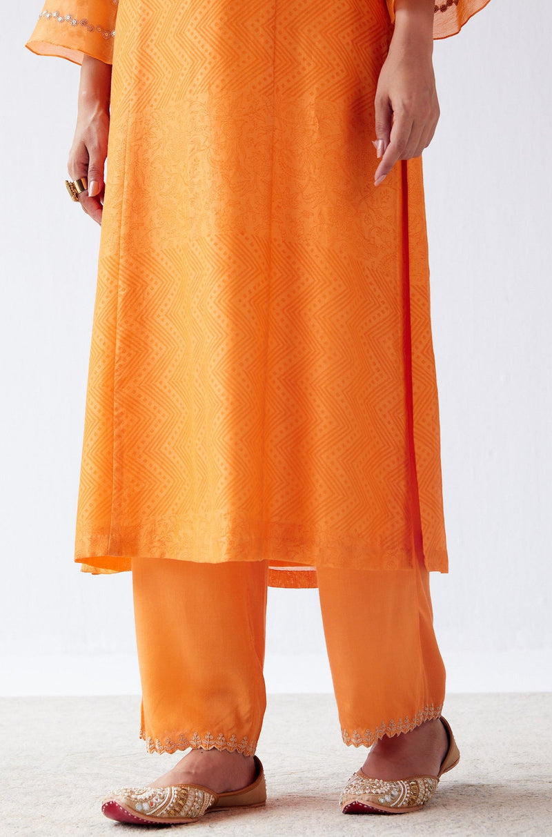 Orange Block Print Embroidered Kurta Set