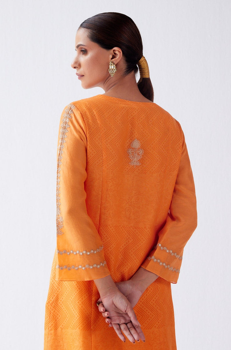 Orange Block Print Embroidered Kurta Set