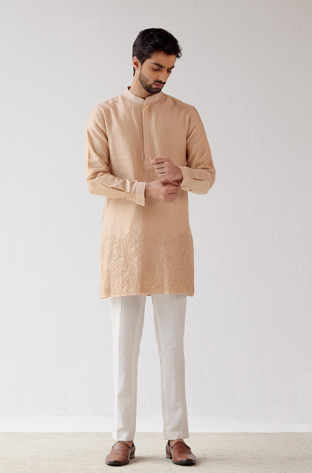 Beige Embroidered Short Kurta Set