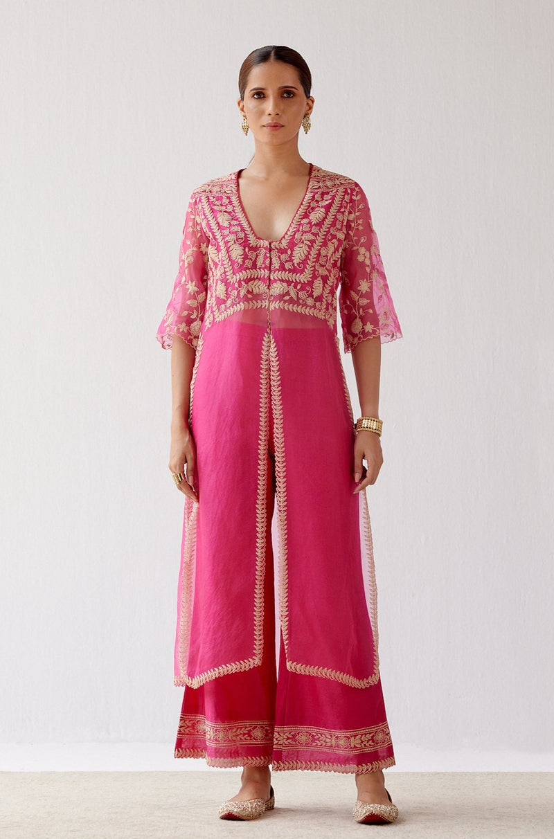 Fuchsia Pink Slit Silk Organza Kurta Set