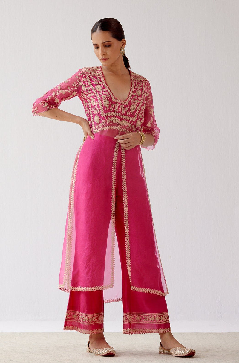 Fuchsia Pink Slit Silk Organza Kurta Set