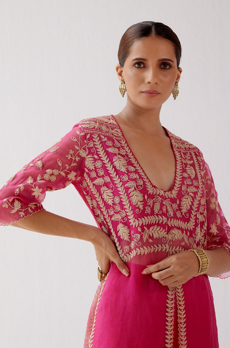 Madhuri Dixit in Fuchsia Slit Silk Organza Kurta Set