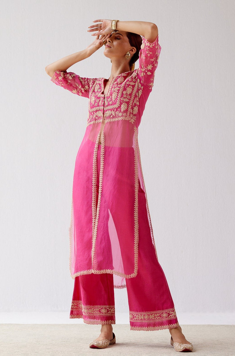 Fuchsia Pink Slit Silk Organza Kurta Set