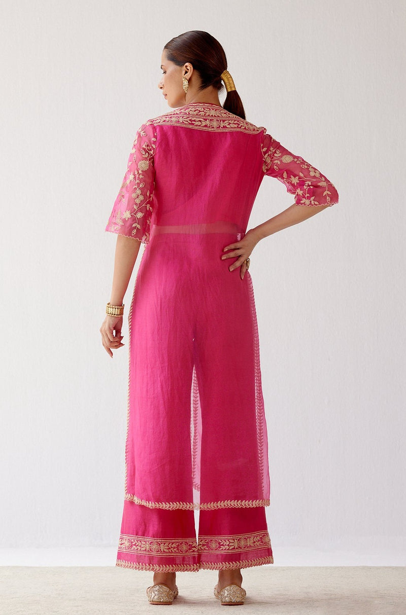 Fuchsia Pink Slit Silk Organza Kurta Set