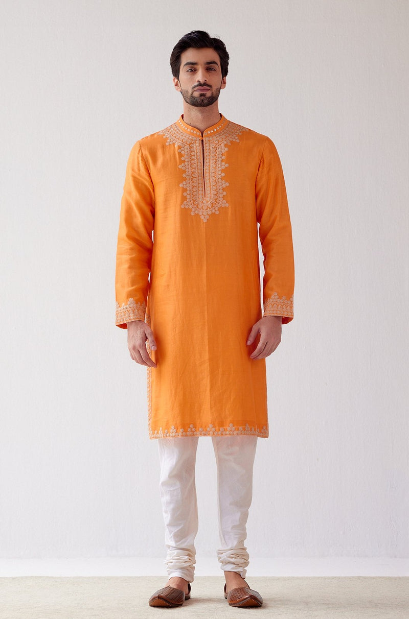 Orange Embroidered Chanderi Kurta Set