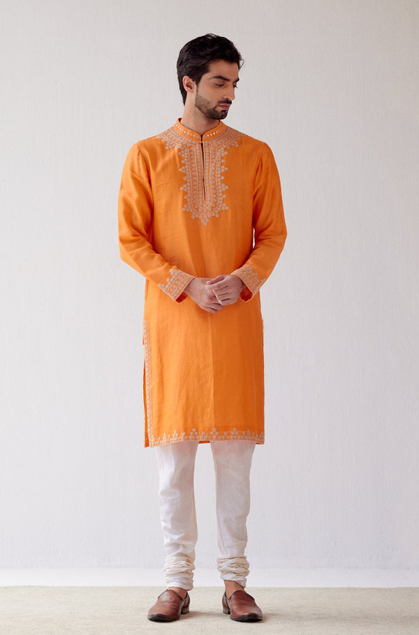 Orange Embroidered Chanderi Kurta Set