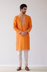 Riteish Deshmukh in Orange Embroidered Chanderi Kurta Set
