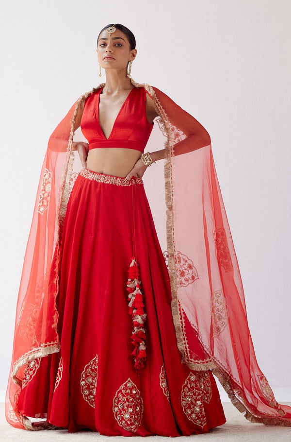 Red Dori Embroidered Cotton Silk Lehenga