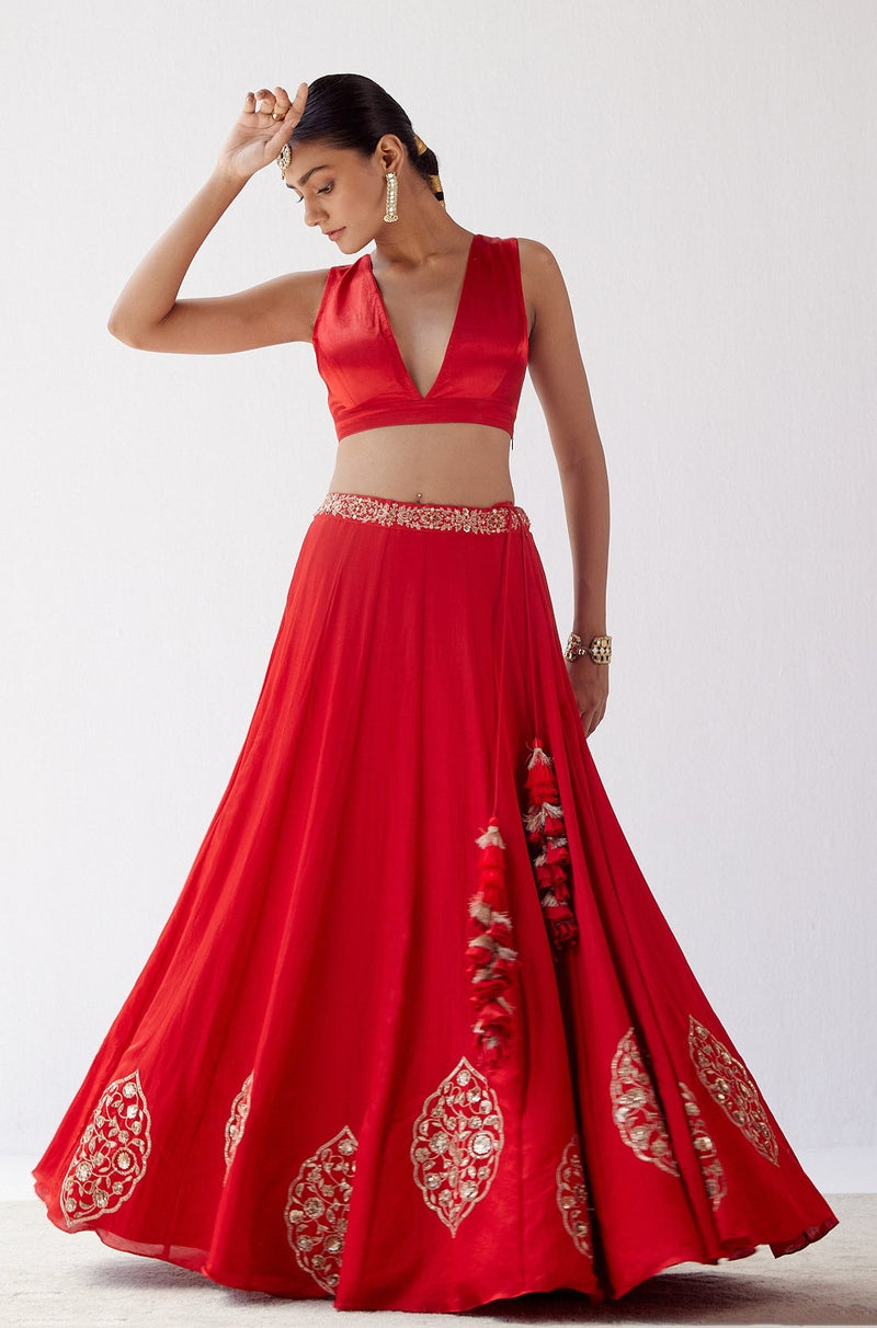 Red Dori Embroidered Cotton Silk Lehenga