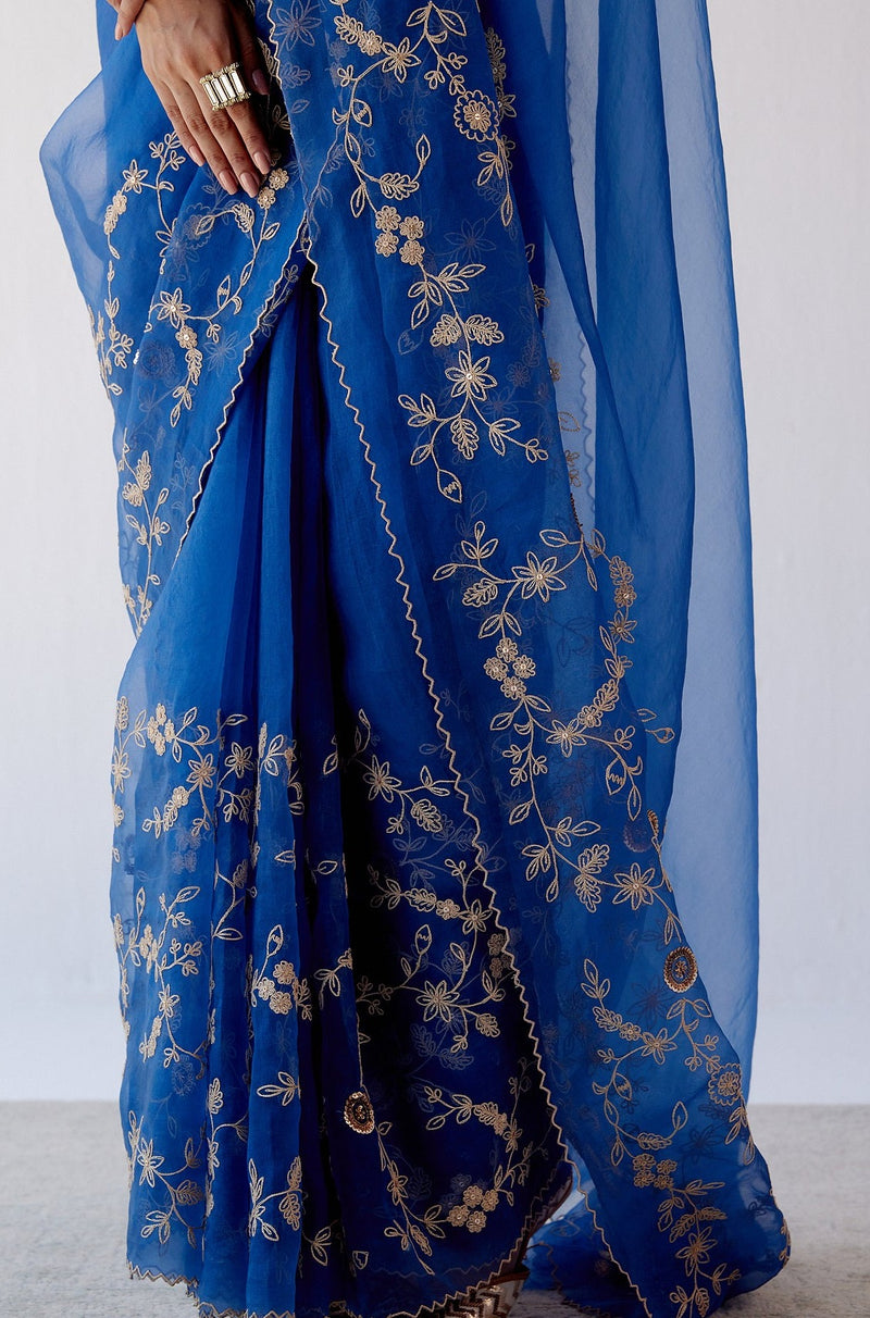 Blue Embroidered Organza Saree