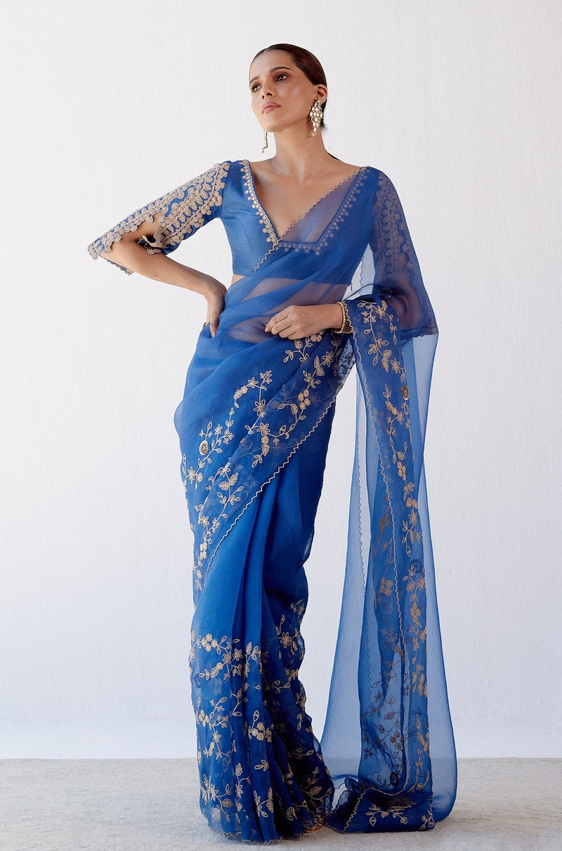 Blue Embroidered Organza Saree