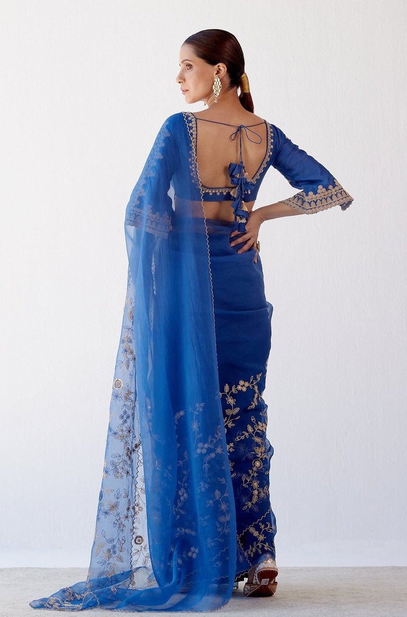 Blue Embroidered Organza Saree