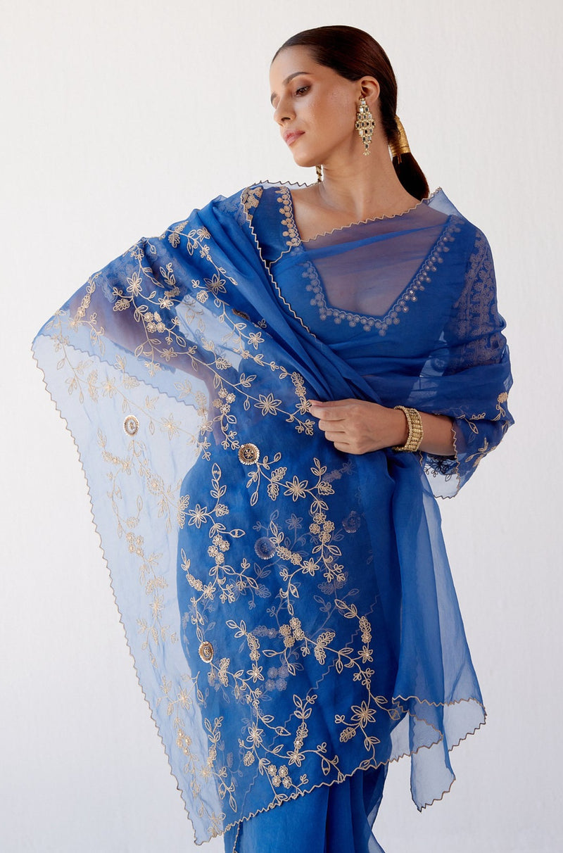 Blue Embroidered Organza Saree