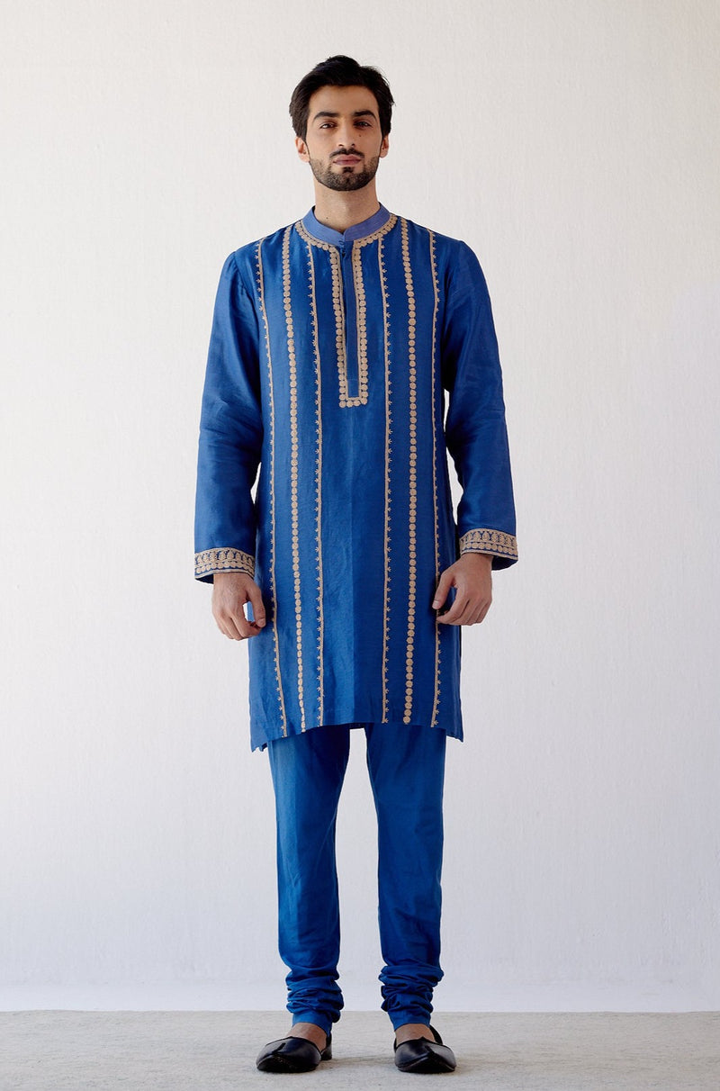 Blue Embroidered Chanderi Kurta Set