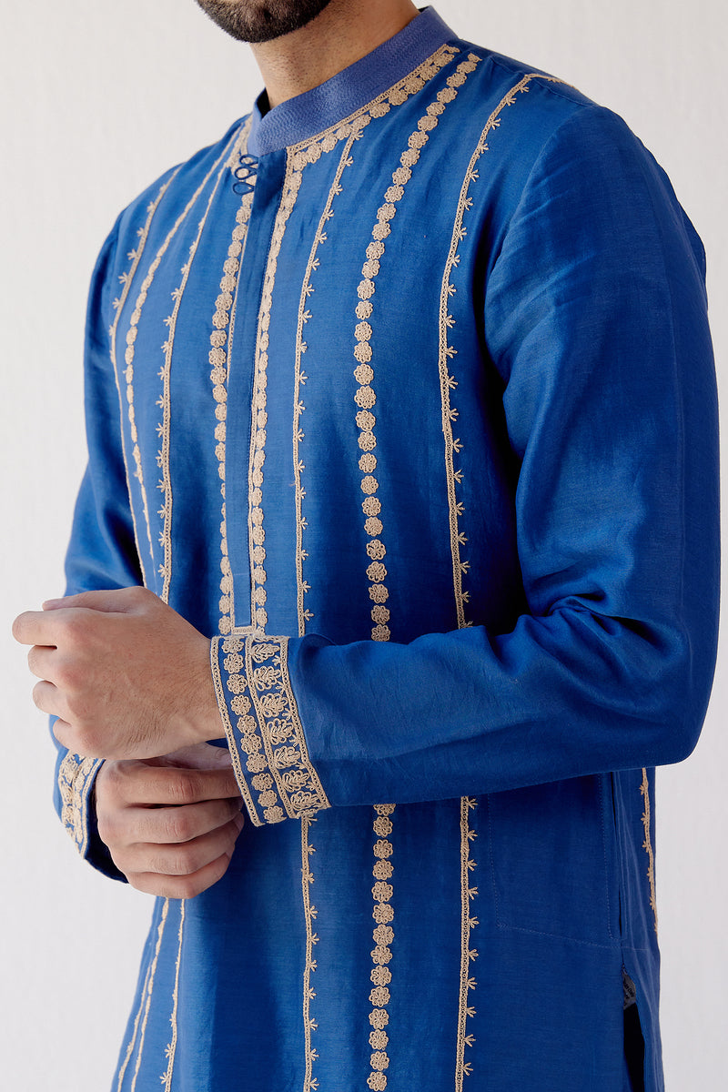 Blue Embroidered Chanderi Kurta Set