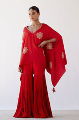 Red Embroidered Cotton Silk Sharara Set