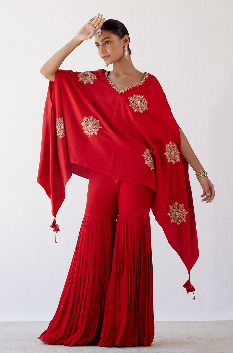 Red Embroidered Cotton Silk Sharara Set