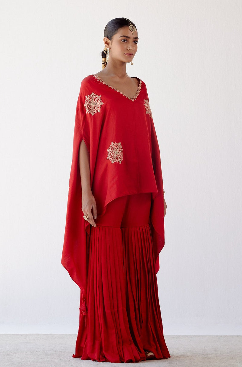 Red Embroidered Cotton Silk Sharara Set