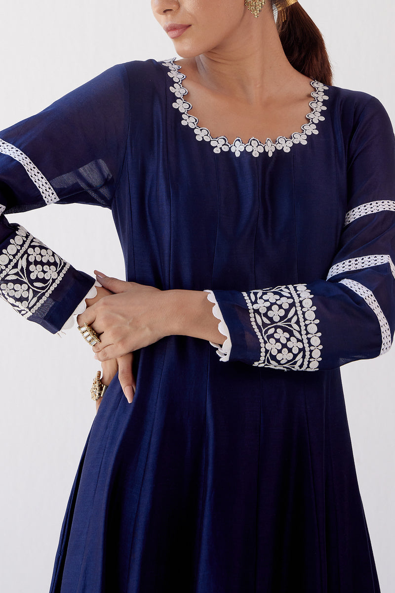 Navy Blue Chanderi Anarkali Set