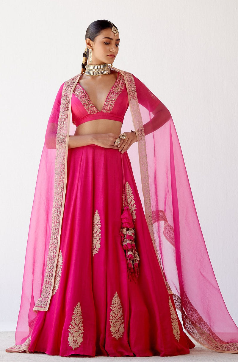 Fuchsia Resham Embroidered Cotton Silk Lehenga