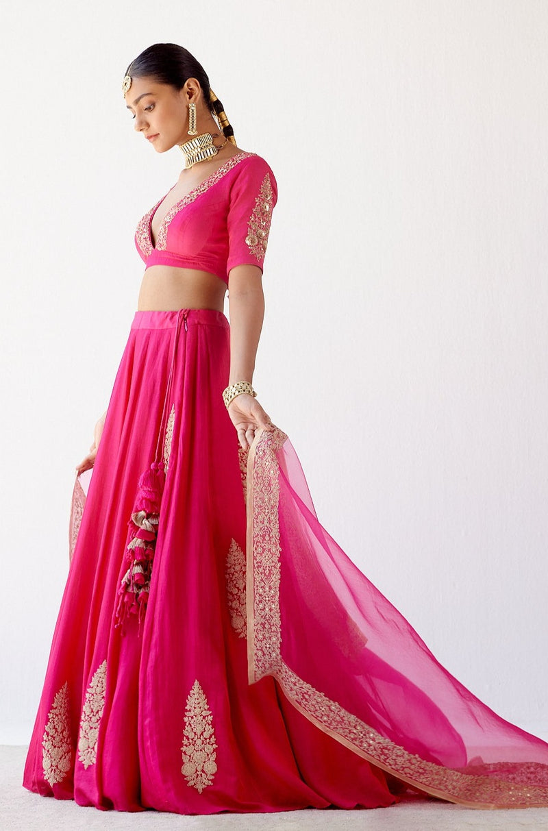 Fuchsia Resham Embroidered Cotton Silk Lehenga