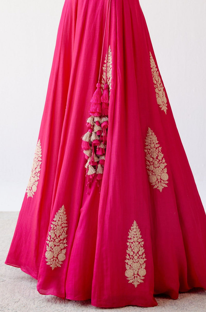 Fuchsia Resham Embroidered Cotton Silk Lehenga