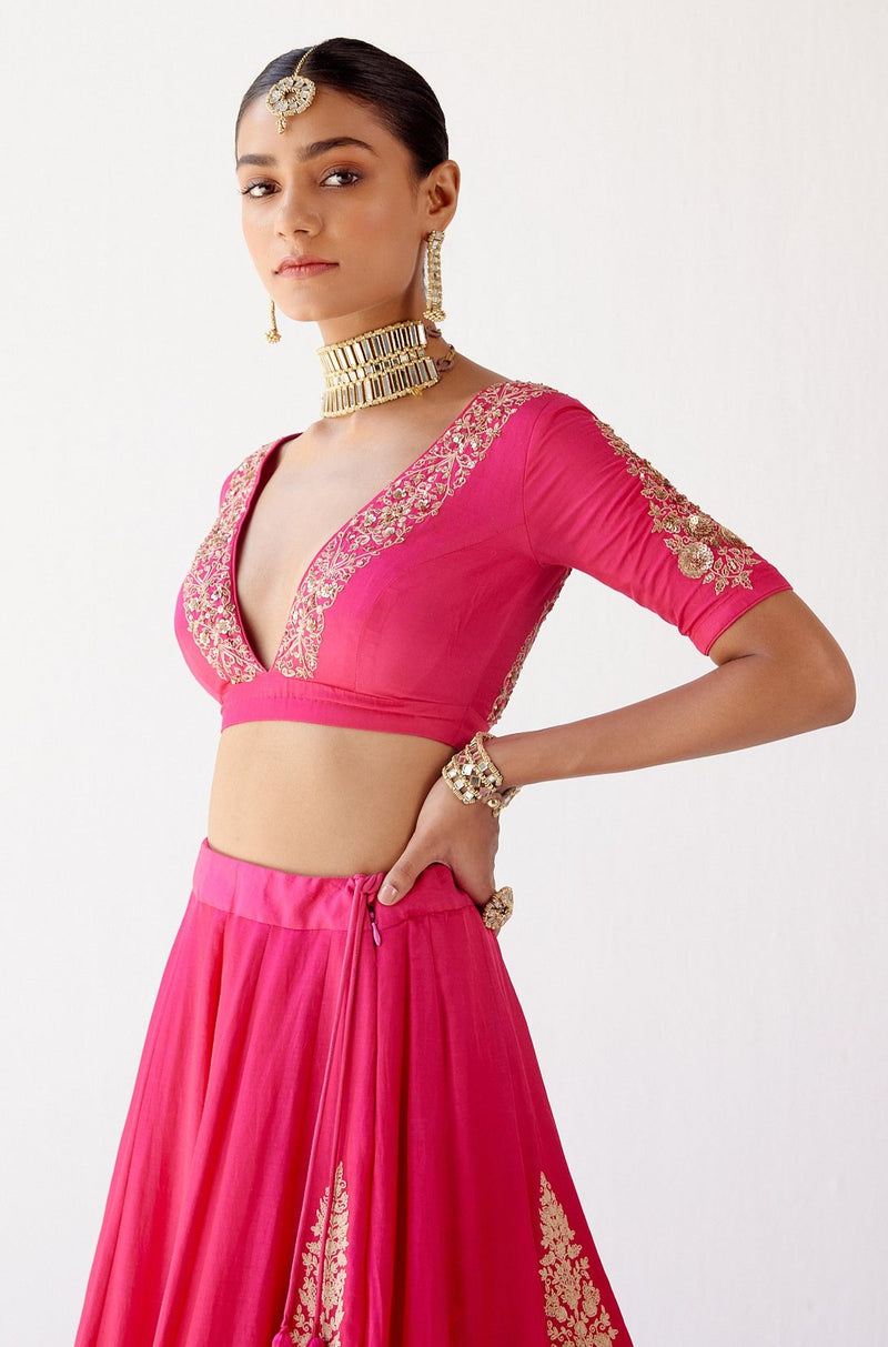 Fuchsia Resham Embroidered Cotton Silk Lehenga