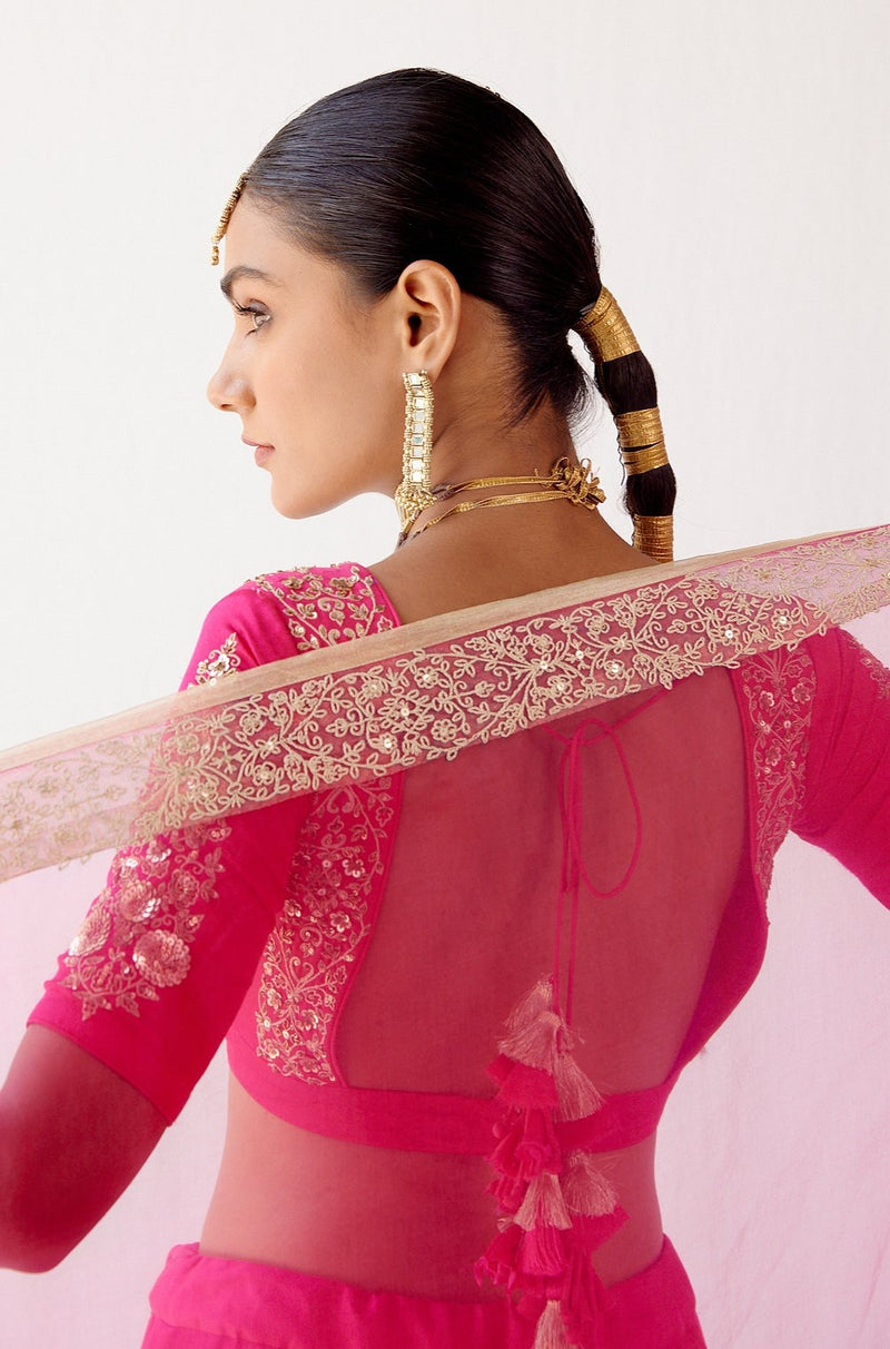 Fuchsia Resham Embroidered Cotton Silk Lehenga