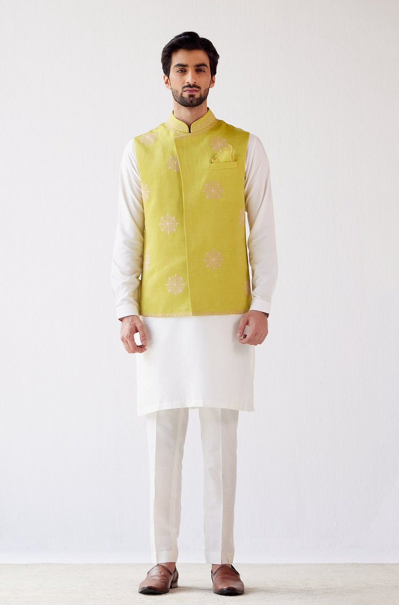 Ivory/Lime Green Cotton Silk Kurta with Bundi Set