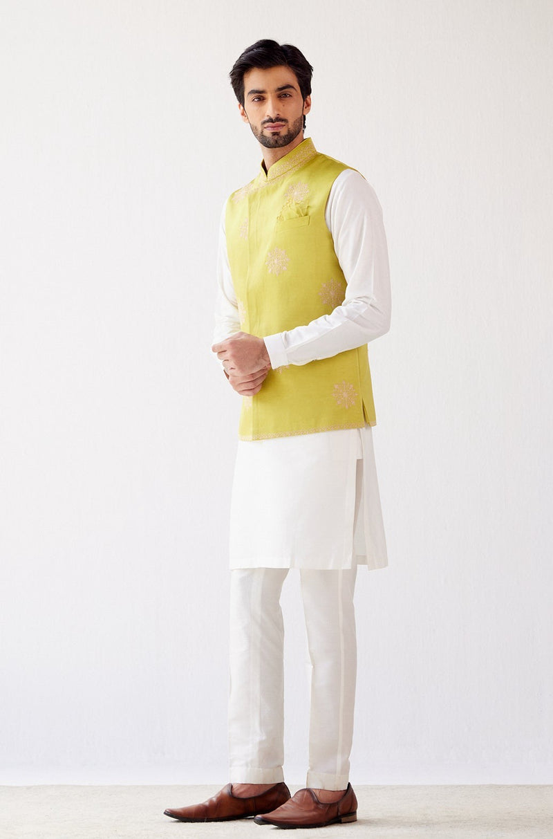 Ivory/Lime Green Cotton Silk Kurta with Bundi Set