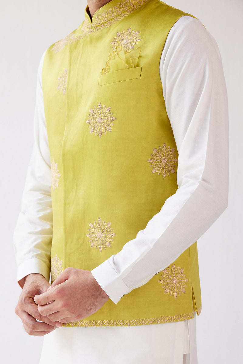 Ivory/Lime Green Cotton Silk Kurta with Bundi Set