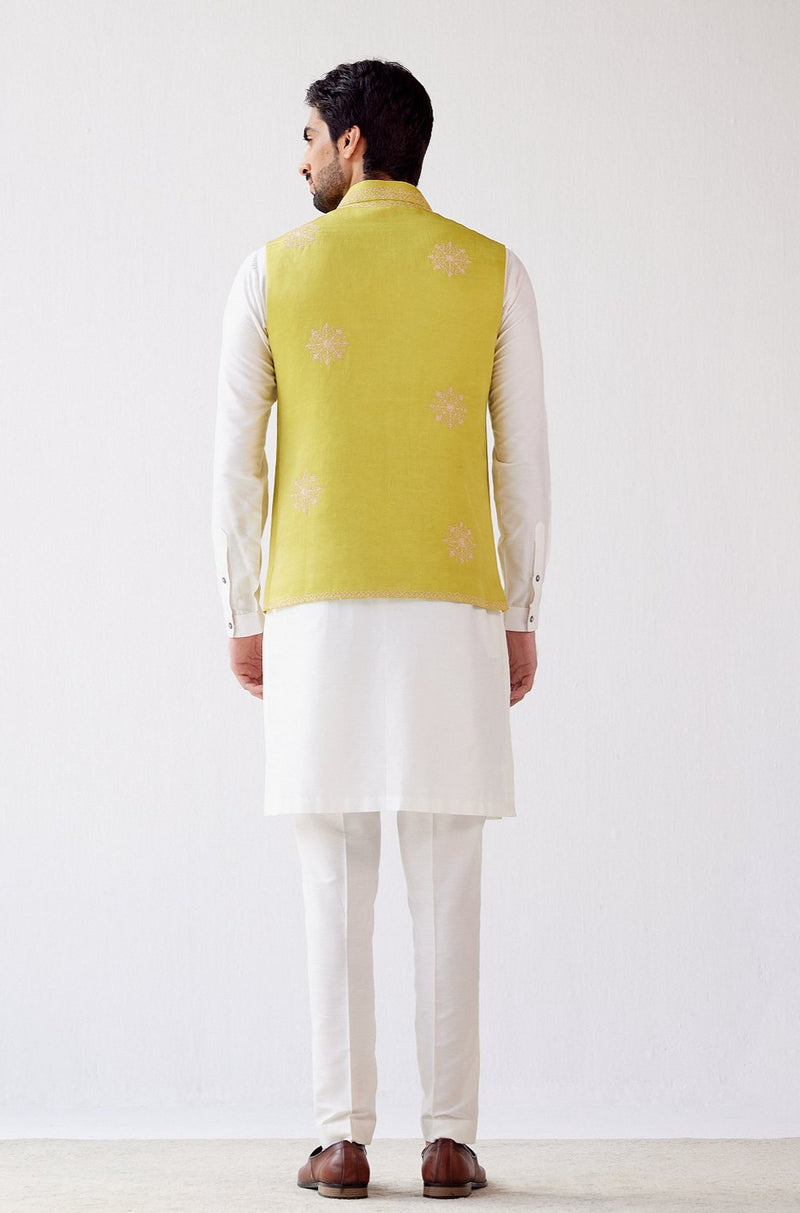 Ivory/Lime Green Cotton Silk Kurta with Bundi Set