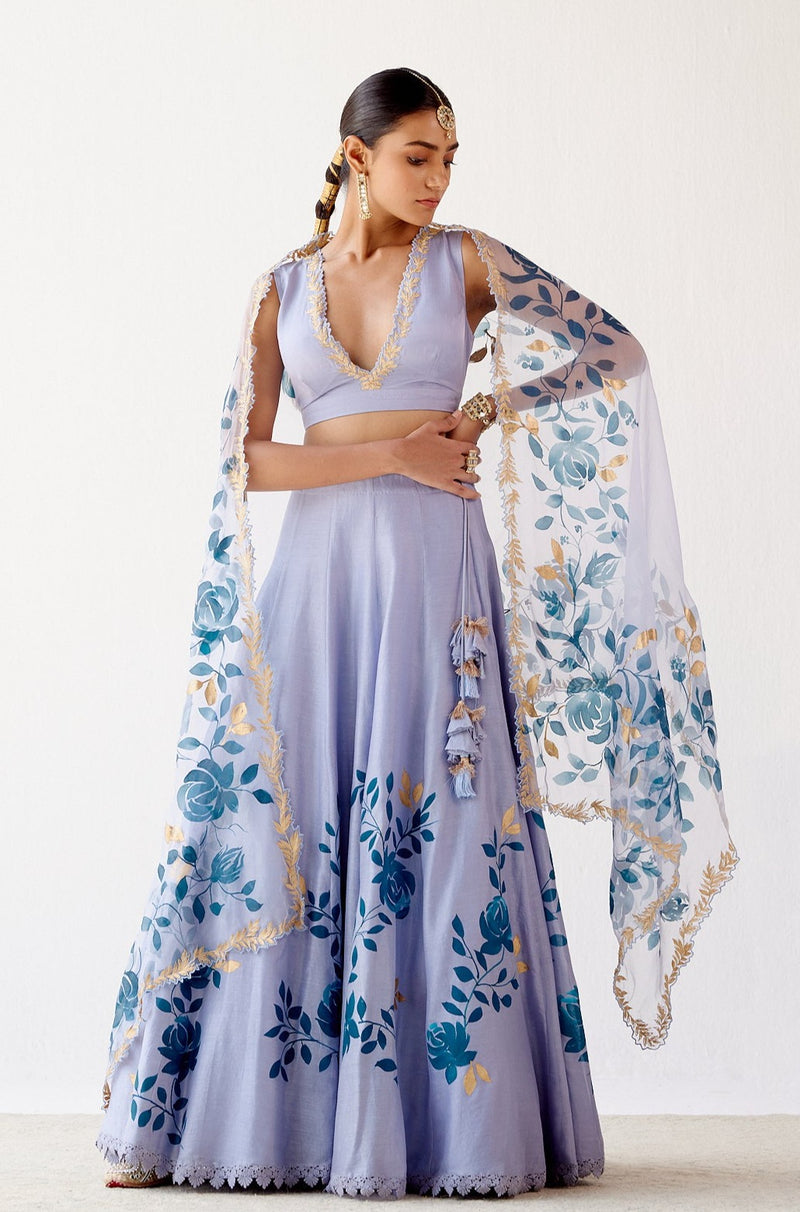 Aegean Blue Hand-Painted Lehenga