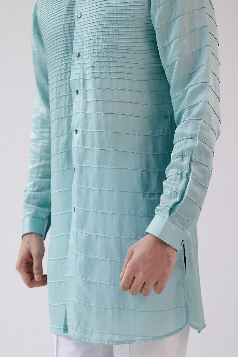Aqua Blue Cotton Silk Satin Kurta Set