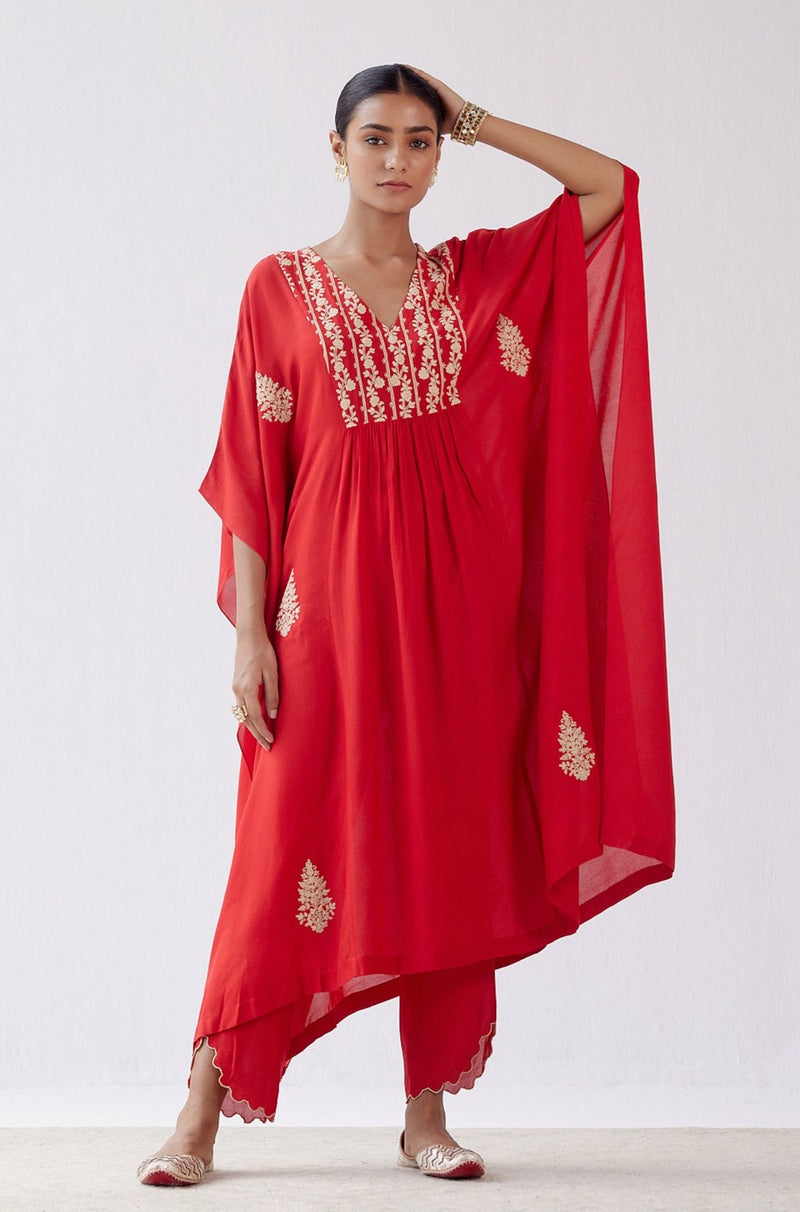 Red Embroidered Kaftan Set