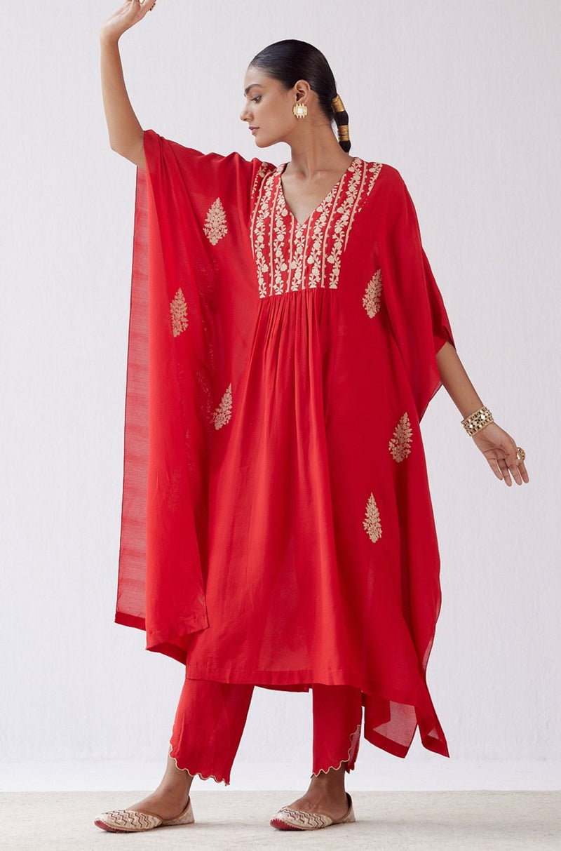 Red Embroidered Kaftan Set