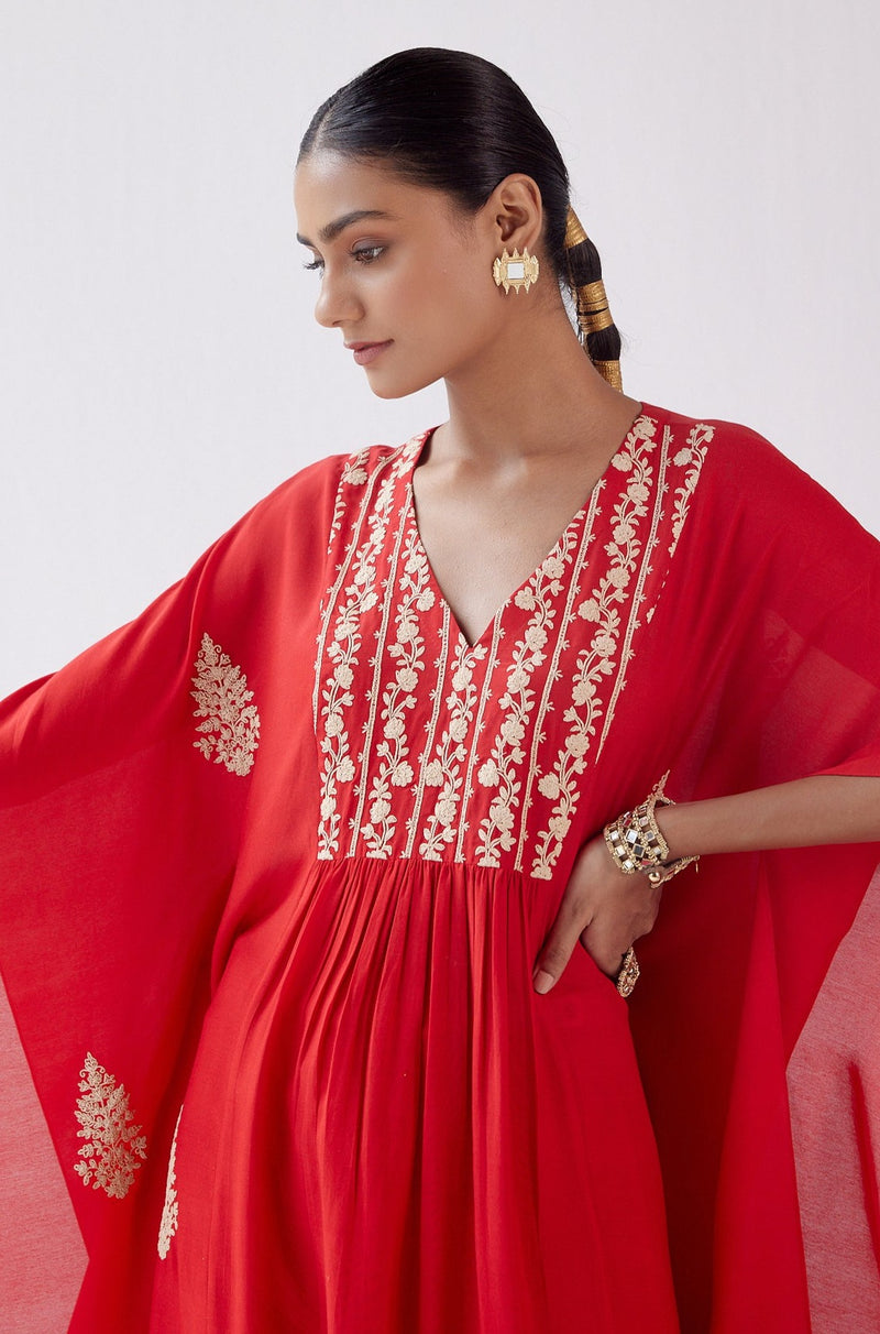 Red Embroidered Kaftan Set