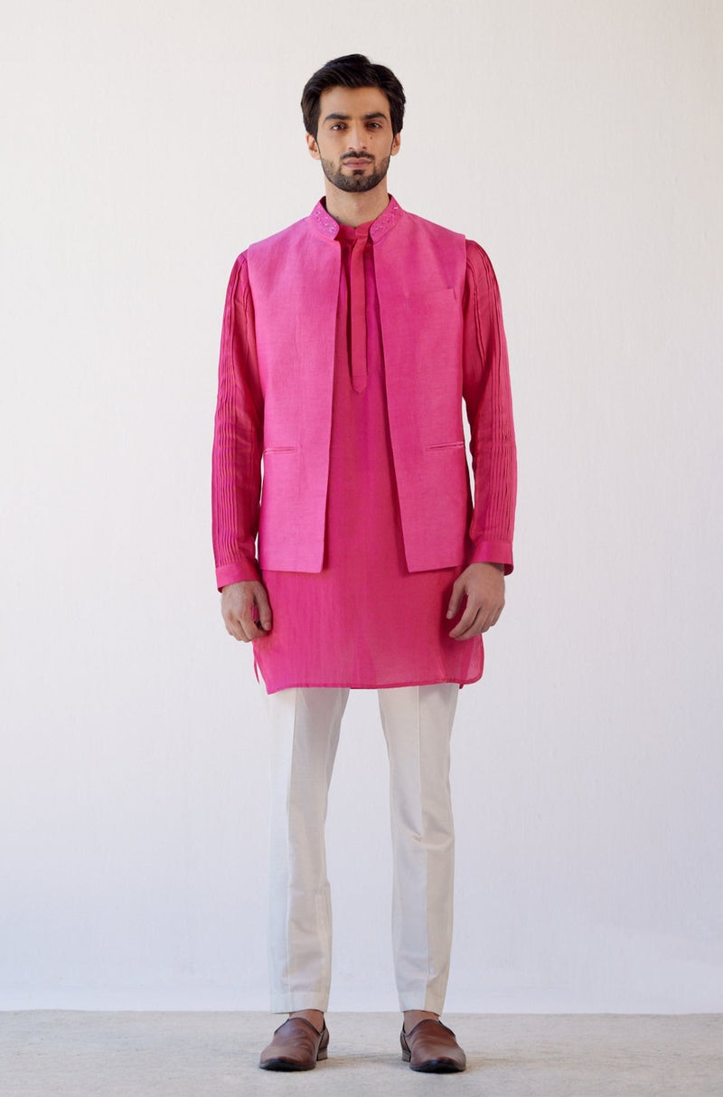 Fuchsia Pink Cotton Silk Satin Kurta with Bundi Set