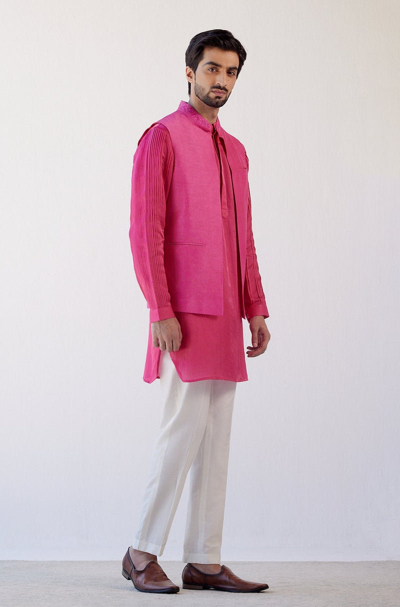 Fuchsia Pink Cotton Silk Satin Kurta with Bundi Set